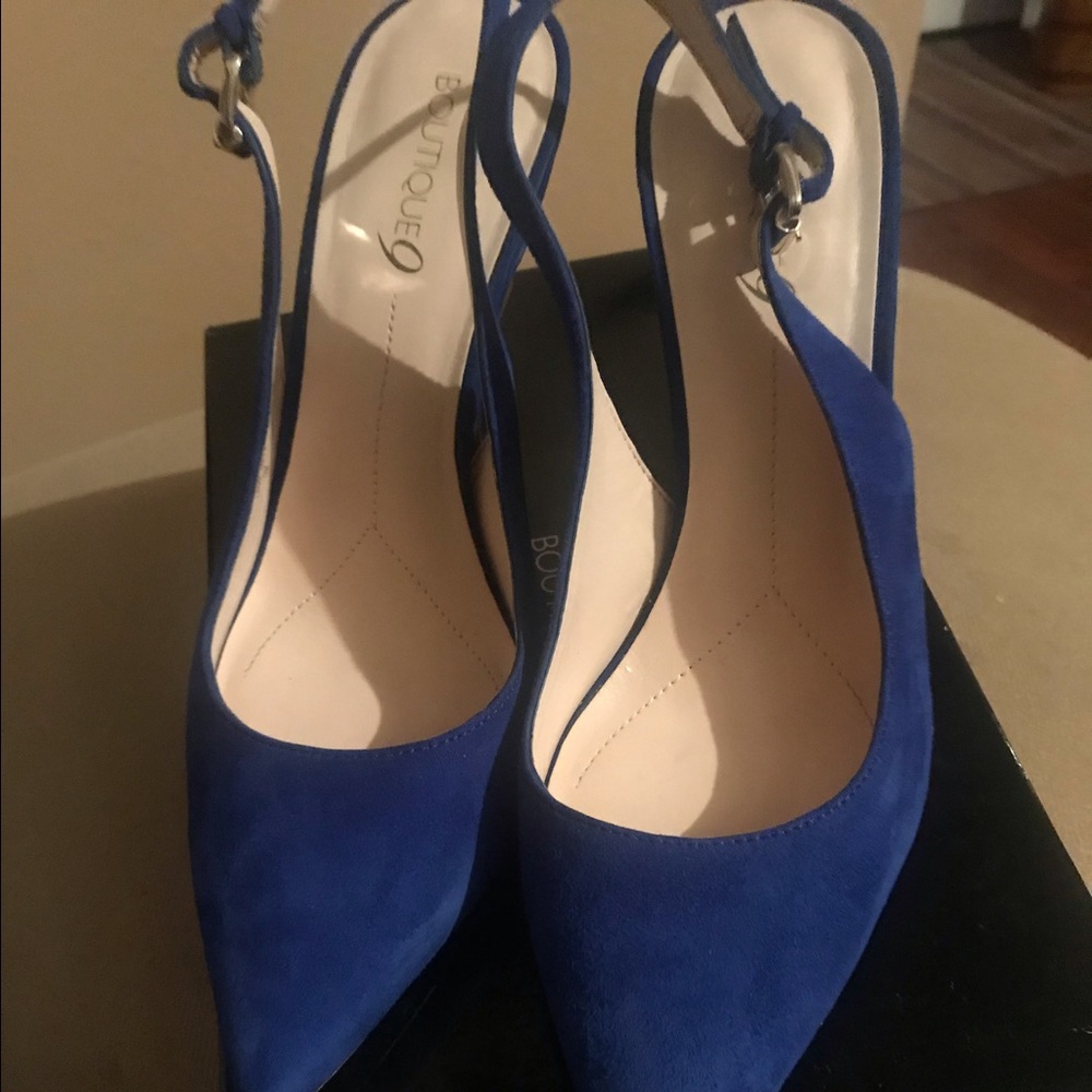 Boutique 9 Blue Suede Pointy Sling Back Stillleto